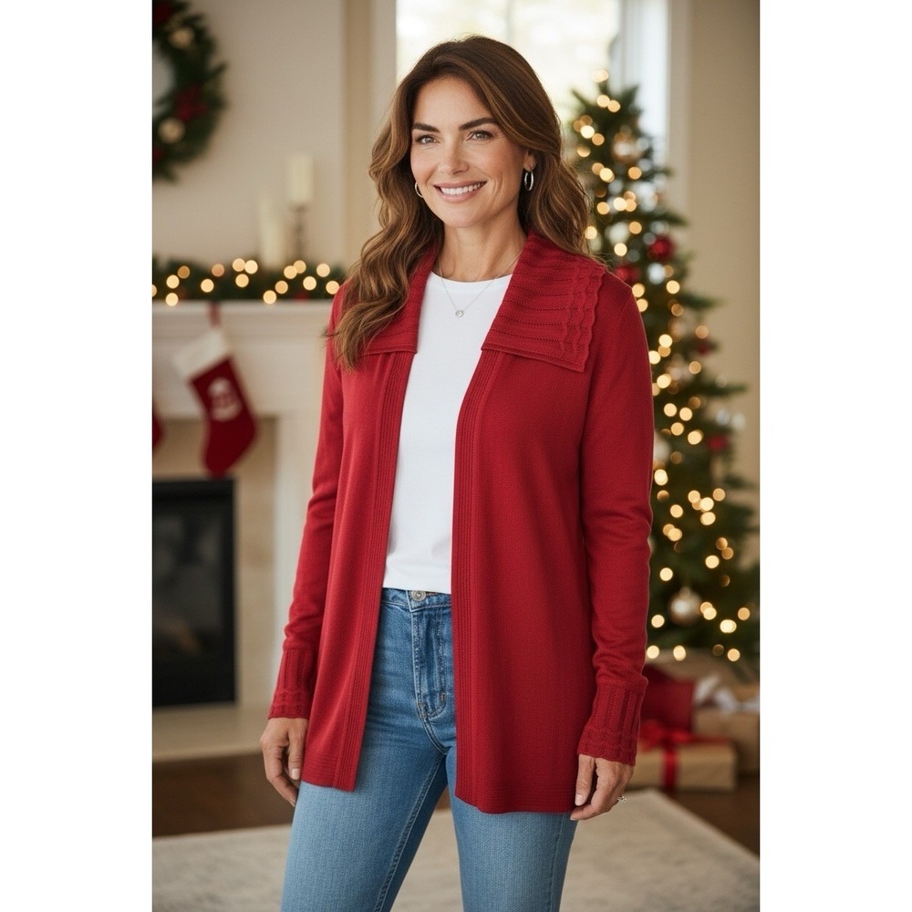 Exclusively Misook Cardigan Jacket SMALL Red Knit Crochet Bib Holiday L/S